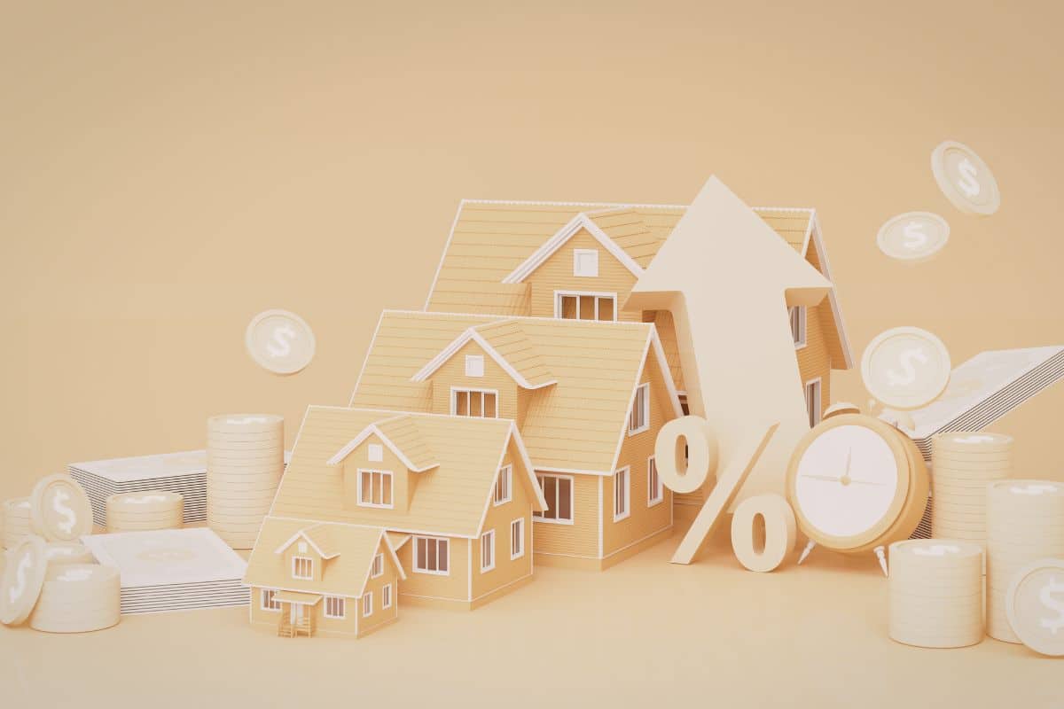 3D illustration comparing home values and real estate investment growth with houses increasing in size beside percentage symbols, coins, cash stacks, and an upward arrow representing luxury home prices and market value.